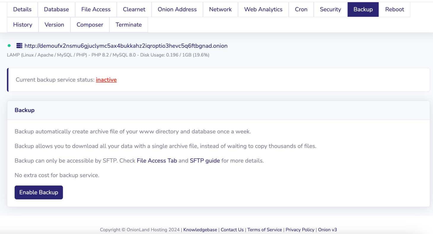 To backup your 'www' folder along with your database information, navigate to your onion service, and click the Backup tab, and click Enable Backup