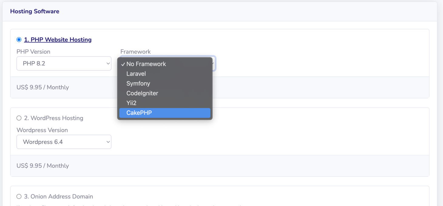 In the Hosting Software section, choose PHP Website Hosting, and select CakePHP in the Framework selection.