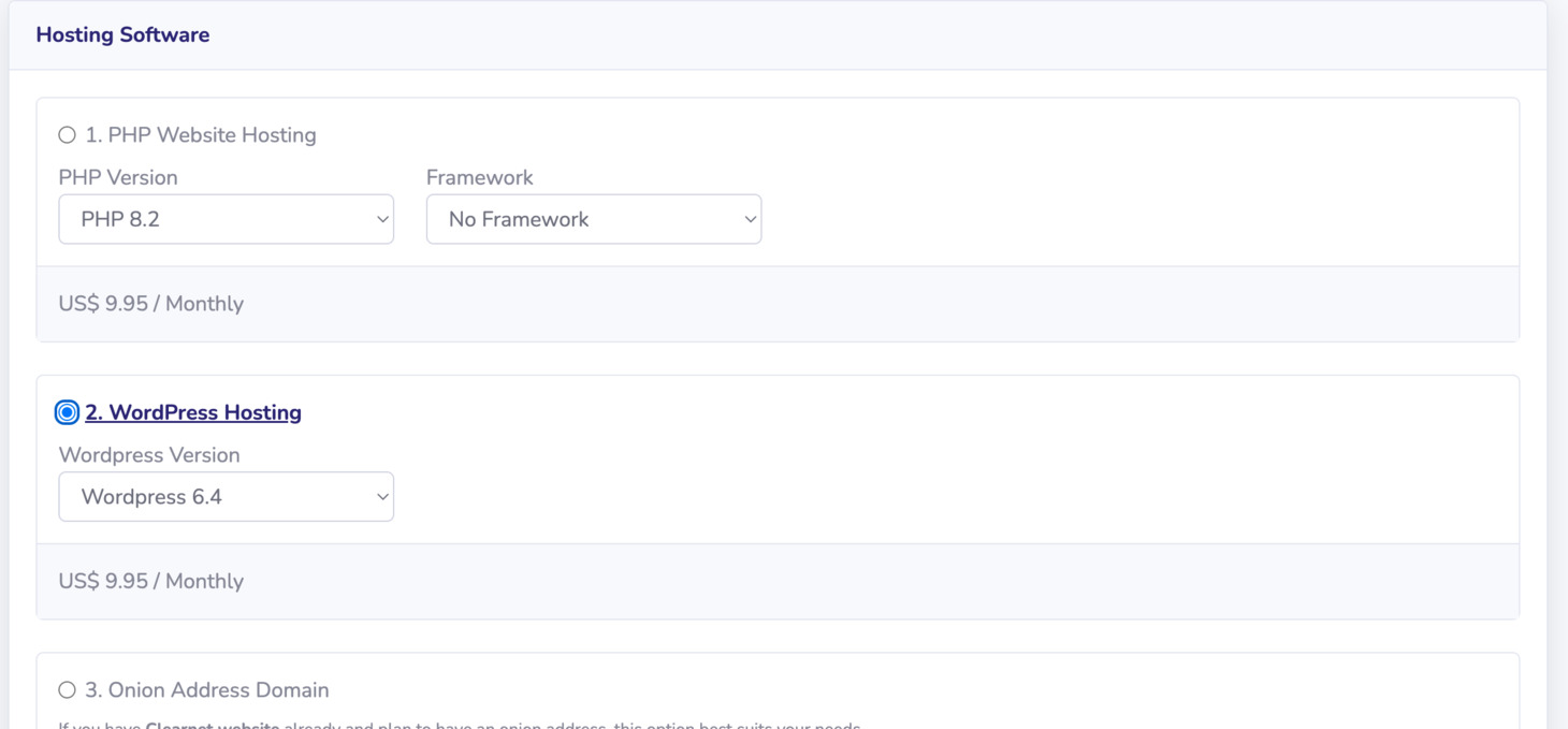 In the Hosting Software section, choose WordPress Hosting.