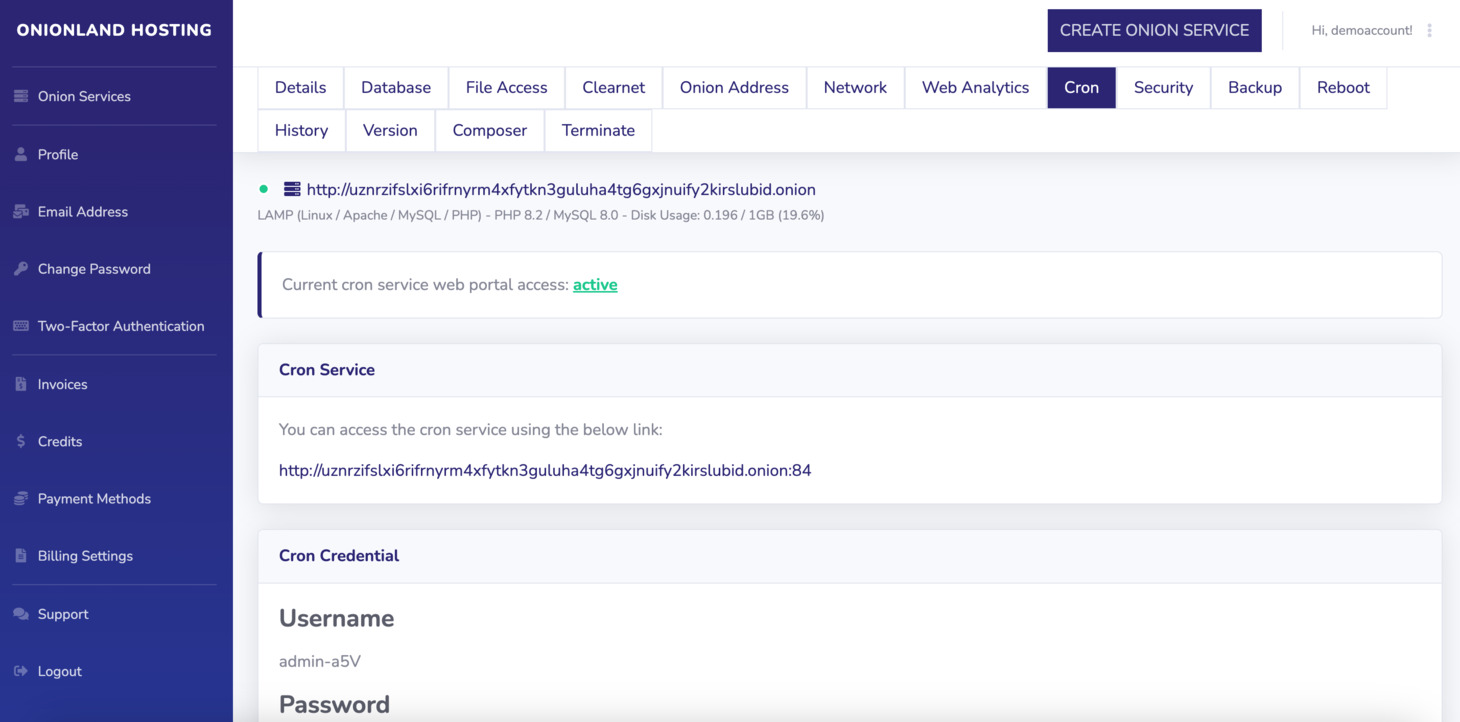 On our Customer Portal, click your Onion Service, and navigate to the Cron tab.
