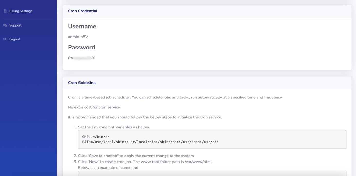 Scroll to the Cron Credential section, you will see your credential to login your cron service.