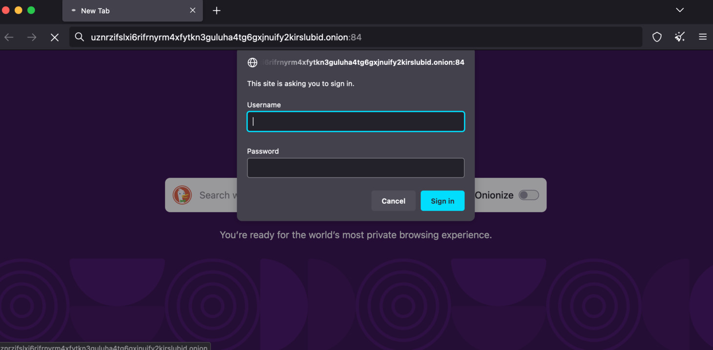 Open Tor Browser, enter your Cron service URL, and enter your credential.