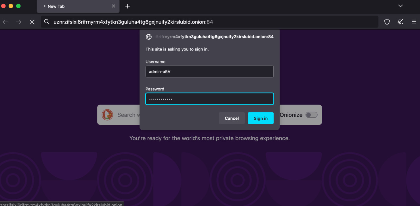 Open Tor Browser, enter your Cron service URL, and enter your credential.