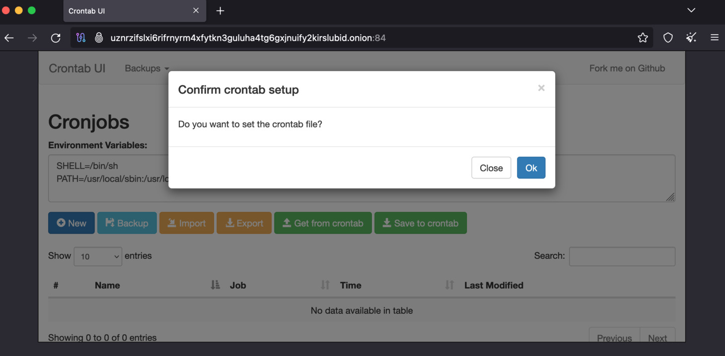 Enter the environment variables, and click Save to crontab