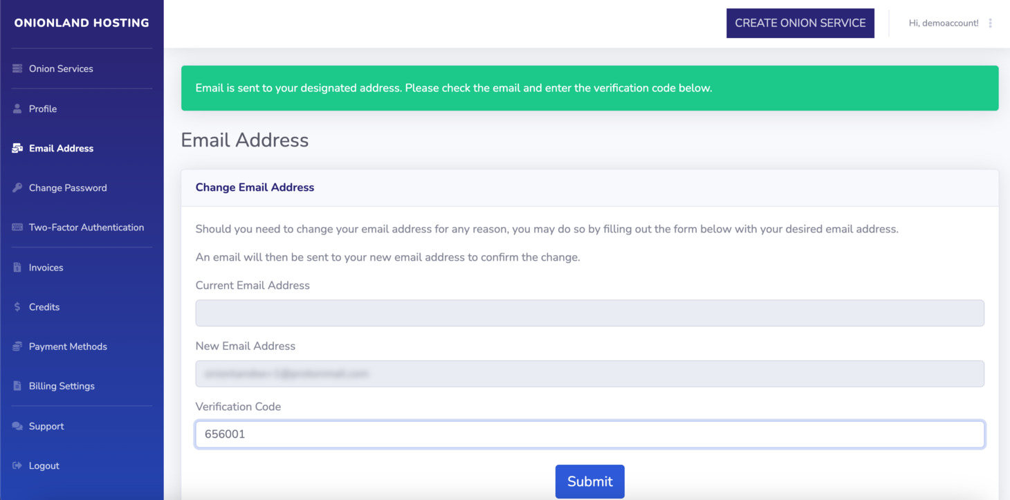 Paste your verification code to the customer portal, and click Submit to continue