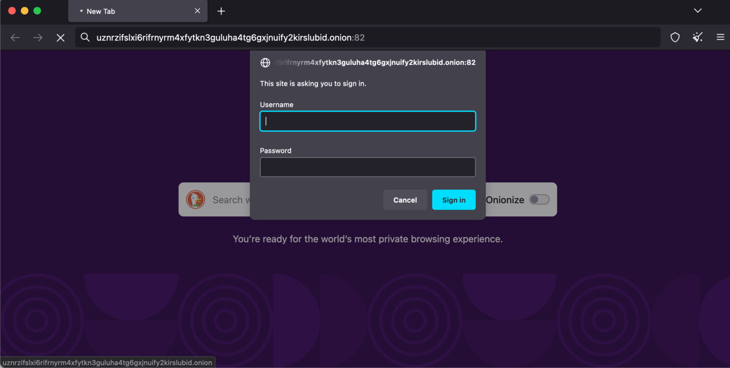 The authentication dialog is shown, you should input the Basic Auth Dialog credential, which is displayed on our Customer Portal, in the File Manager Credential section.